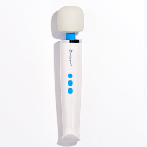 A white Magic Wand Mini massager with a cream-colored head and blue buttons.