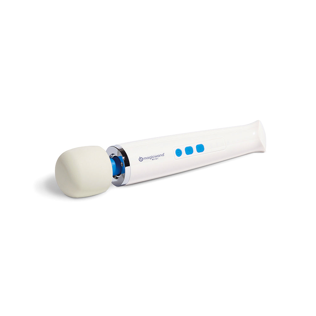 A white Magic Wand Mini massager with a cream-colored head and blue buttons.