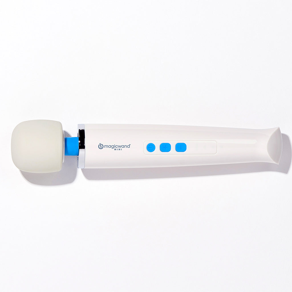 A white Magic Wand Mini massager with a cream-colored head and blue buttons.