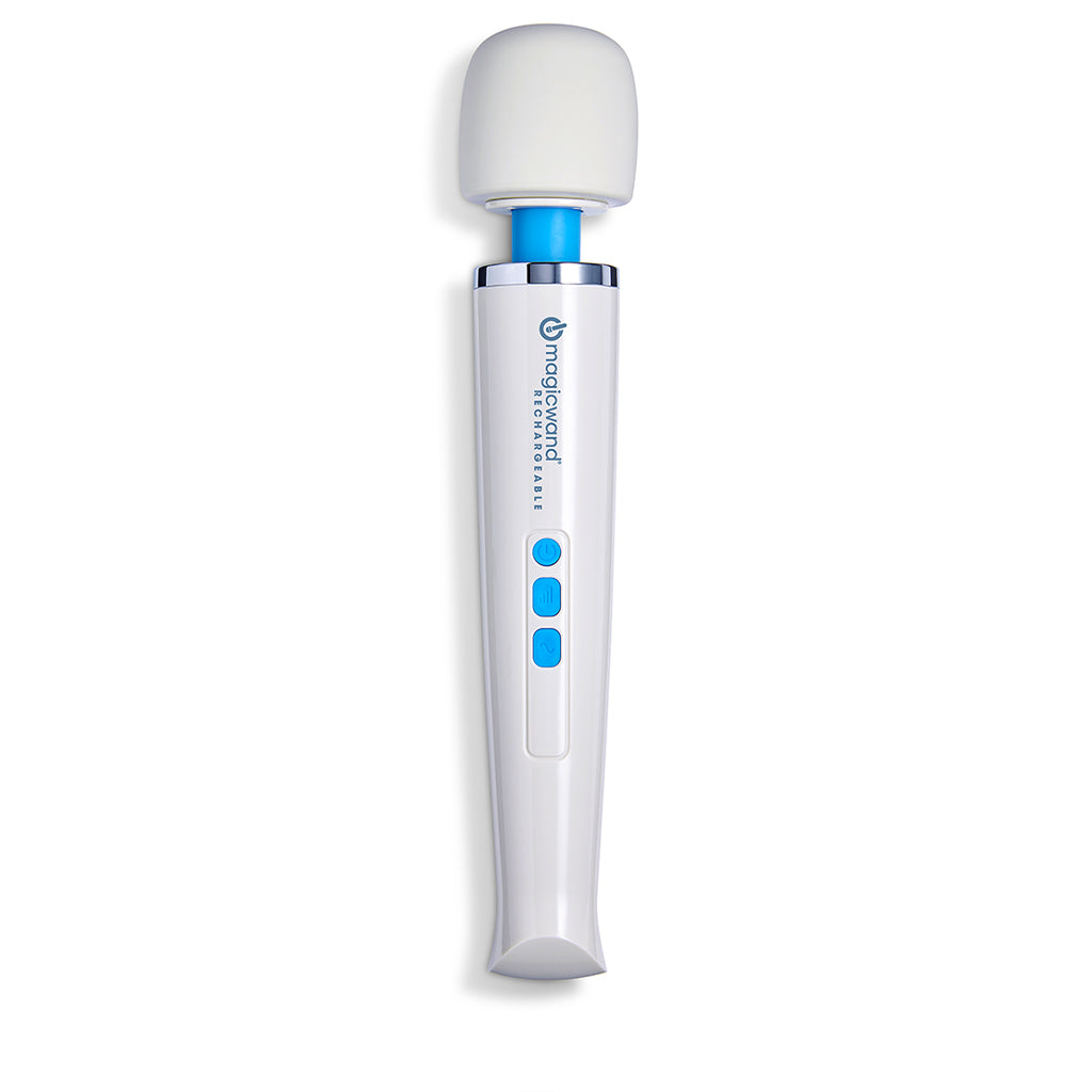 White Magic Wand rechargeable massager with blue buttons and a white head.
