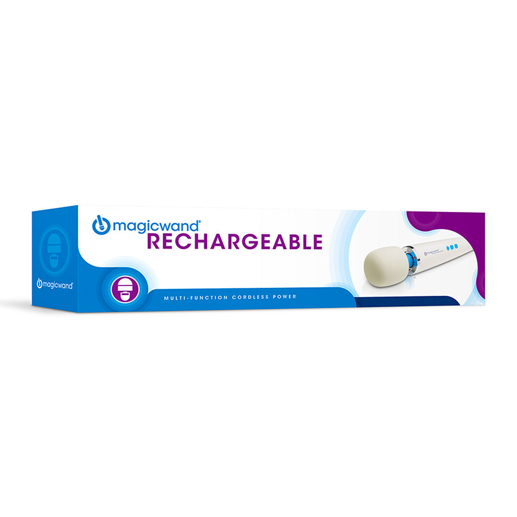Magic Wand Rechargeable Cordless Massager box with product image.