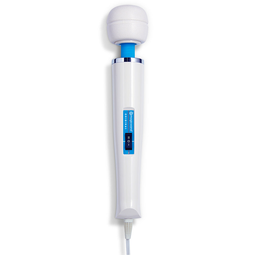 White and blue Magic Wand Mini massager with a white textured head.