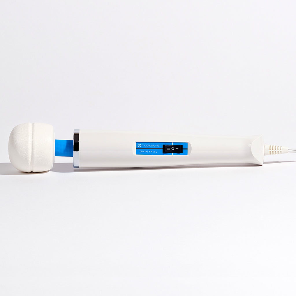 A white Magic Wand massager with a blue switch and cord.