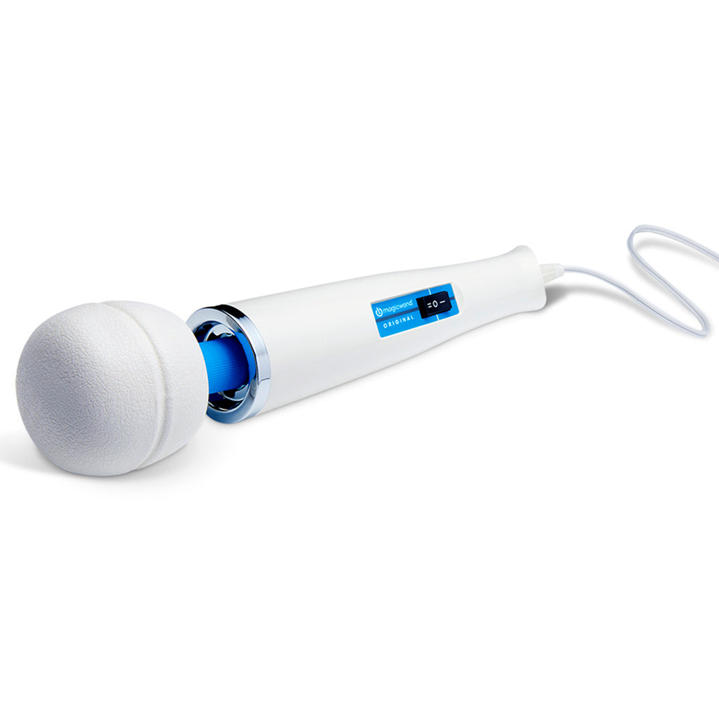 White Magic Wand Mini massager with a textured white head and blue interior.