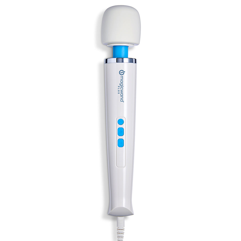 Magic Wand Plus corded massager with a white silicone head and blue accents.