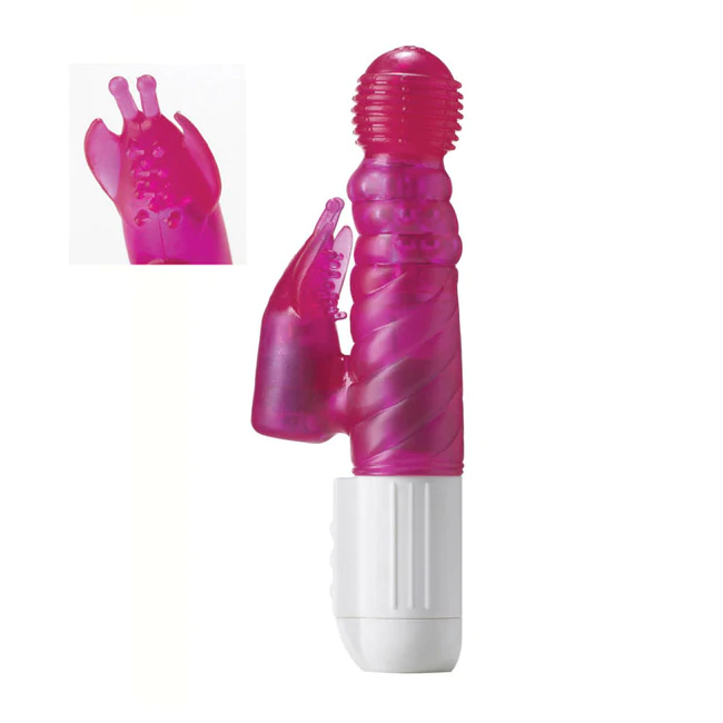 Pink rabbit vibrator with undulating beads and a white base.