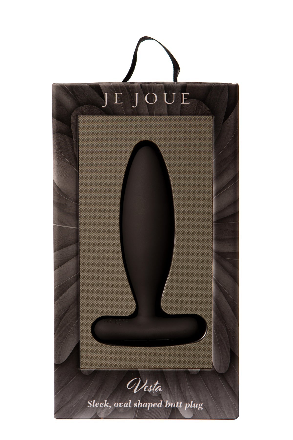 Black silicone vibrating butt plug in packaging with feather design.