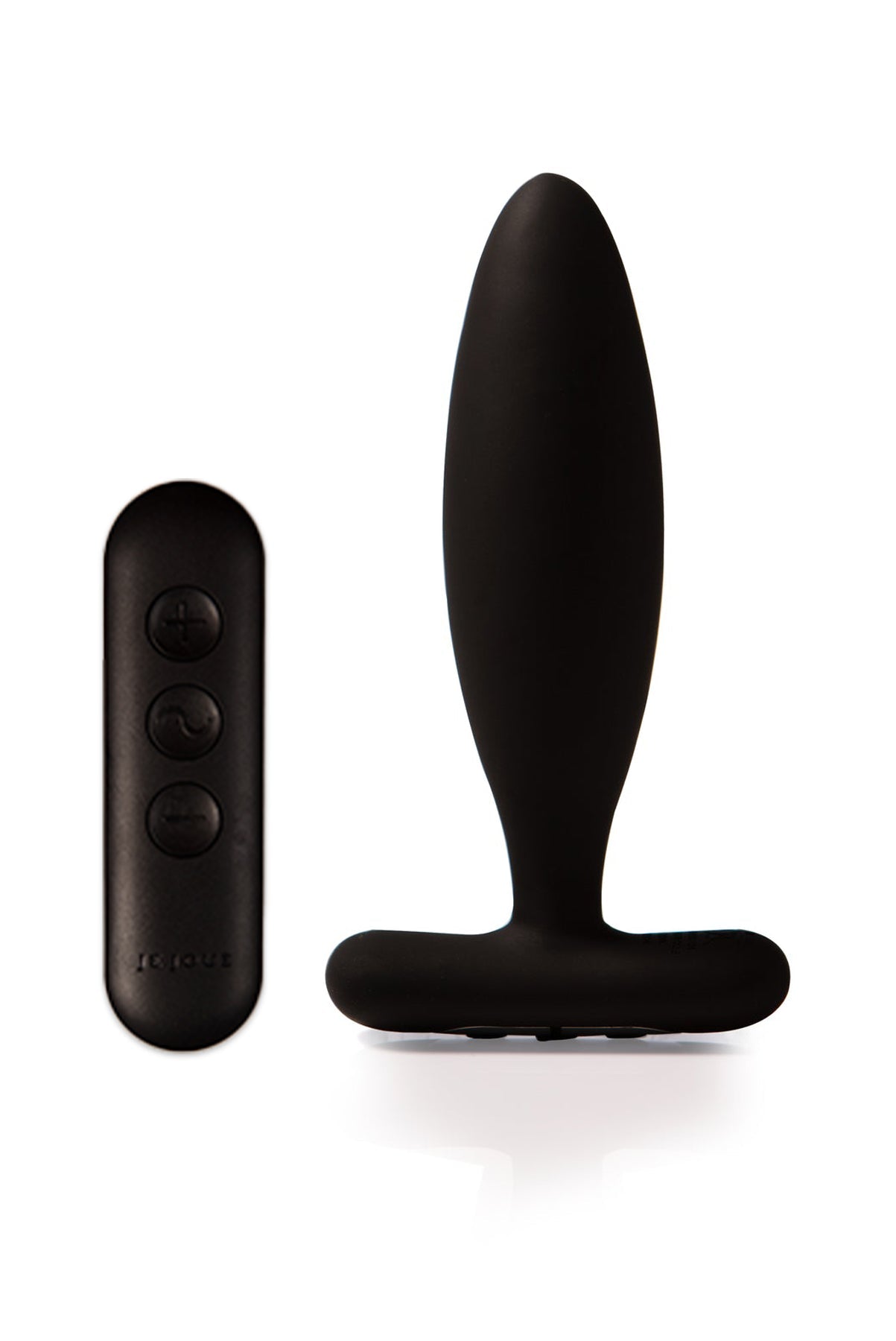 Black silicone vibrating butt plug with a remote control.