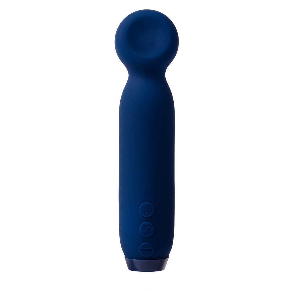 A cobalt blue vibrating bullet wand with a rounded tip and three control buttons.