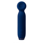 A cobalt blue vibrating bullet wand with a rounded tip and three control buttons.