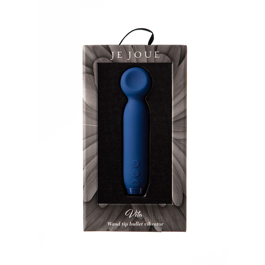 A blue Je Joue Vita wand tipped bullet vibrator in its packaging.