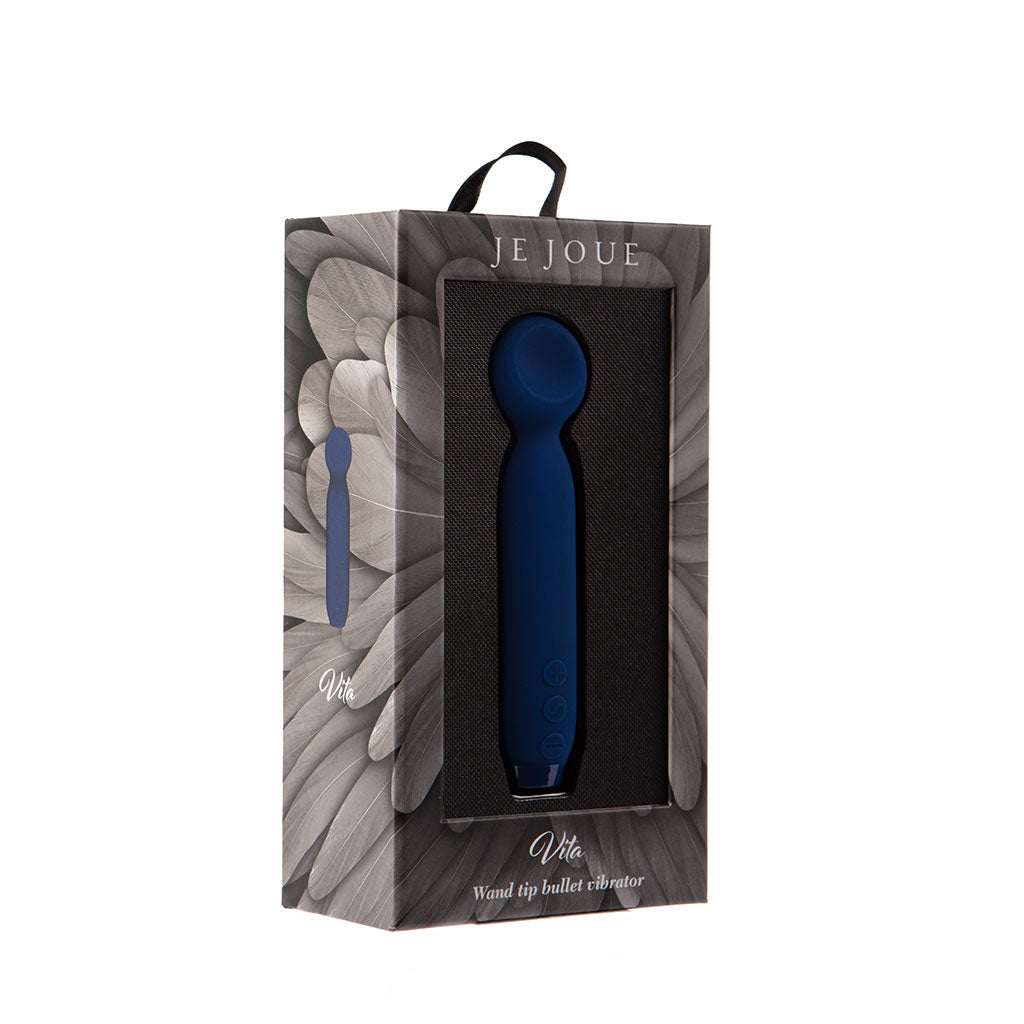 Cobalt blue Je Joue Vita wand tipped bullet vibrator in its packaging.