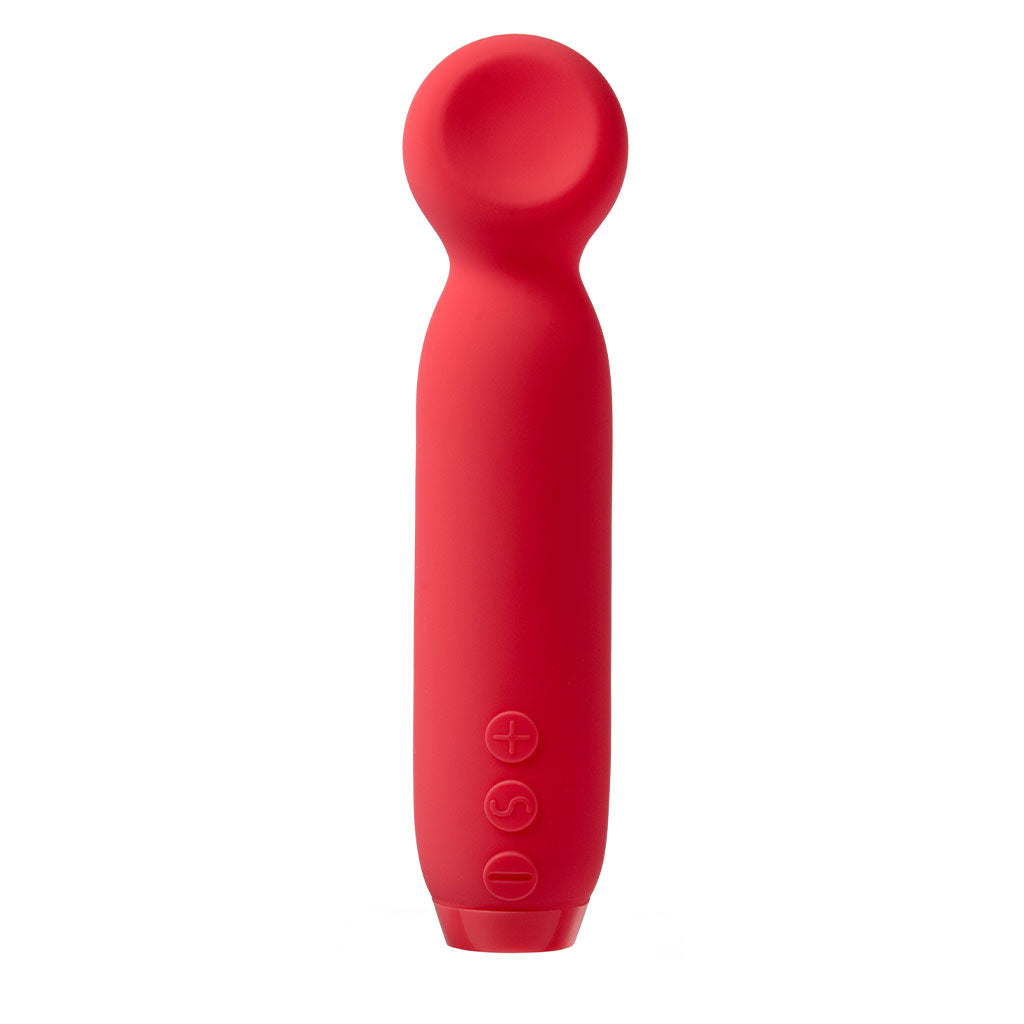 A red wand-tipped bullet vibrator with three control buttons.