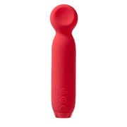 A red wand-tipped bullet vibrator with three control buttons.