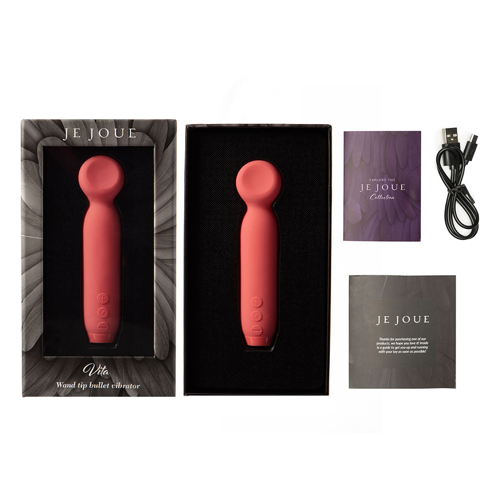 Pink wand tipped bullet vibrator with USB charging cable and product literature.