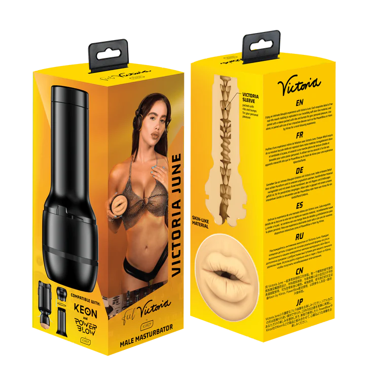 Victoria June Mouth Stroker male masturbator with realistic lips and textured sleeve.