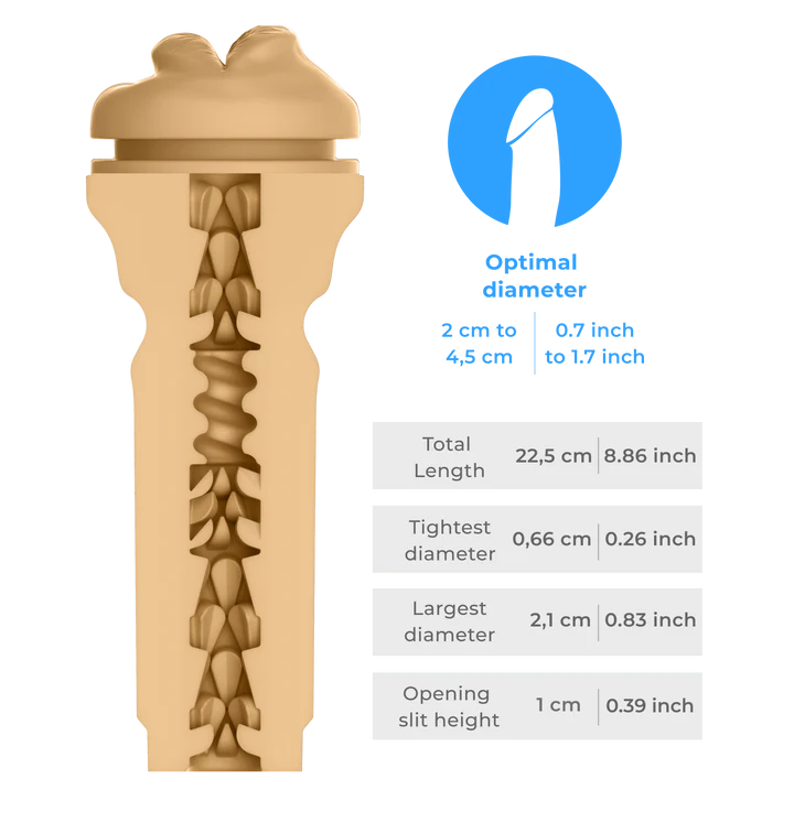 A beige oral stroker with textured interior and a chart of its dimensions.