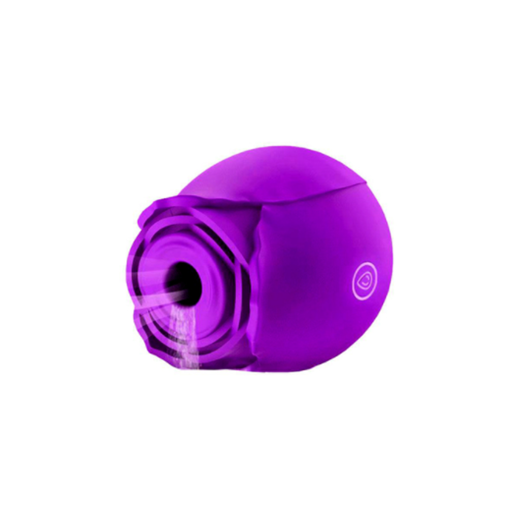 Purple rose-shaped massager with textured interior and a circular emblem.