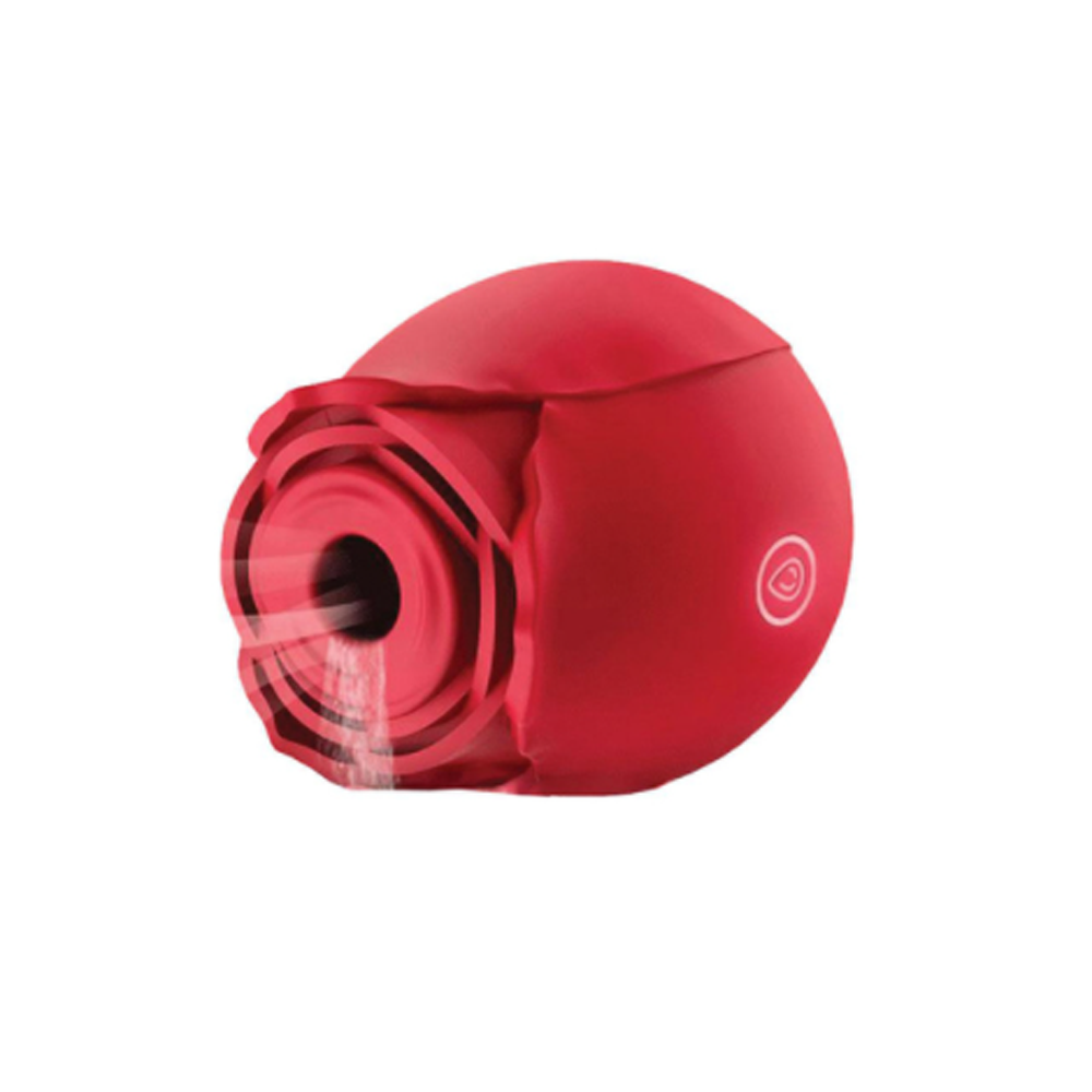 Red rose-shaped massager with internal textured layers and a circular emblem.
