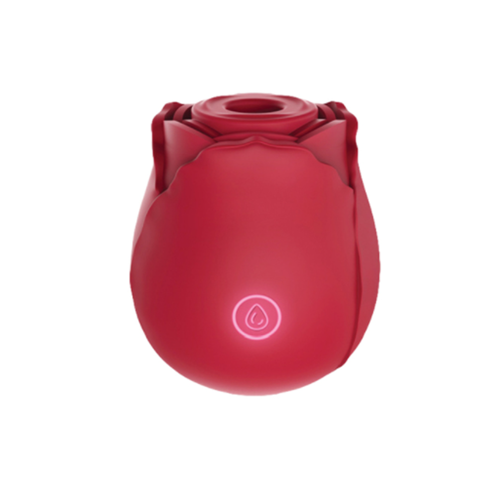 A red rose-shaped massager with a glowing water drop symbol.