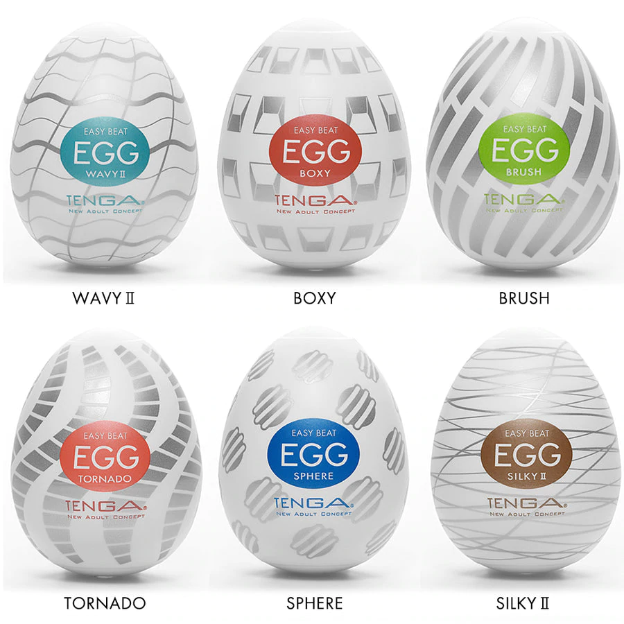 Six Tenga Egg masturbators with different textures and patterns.