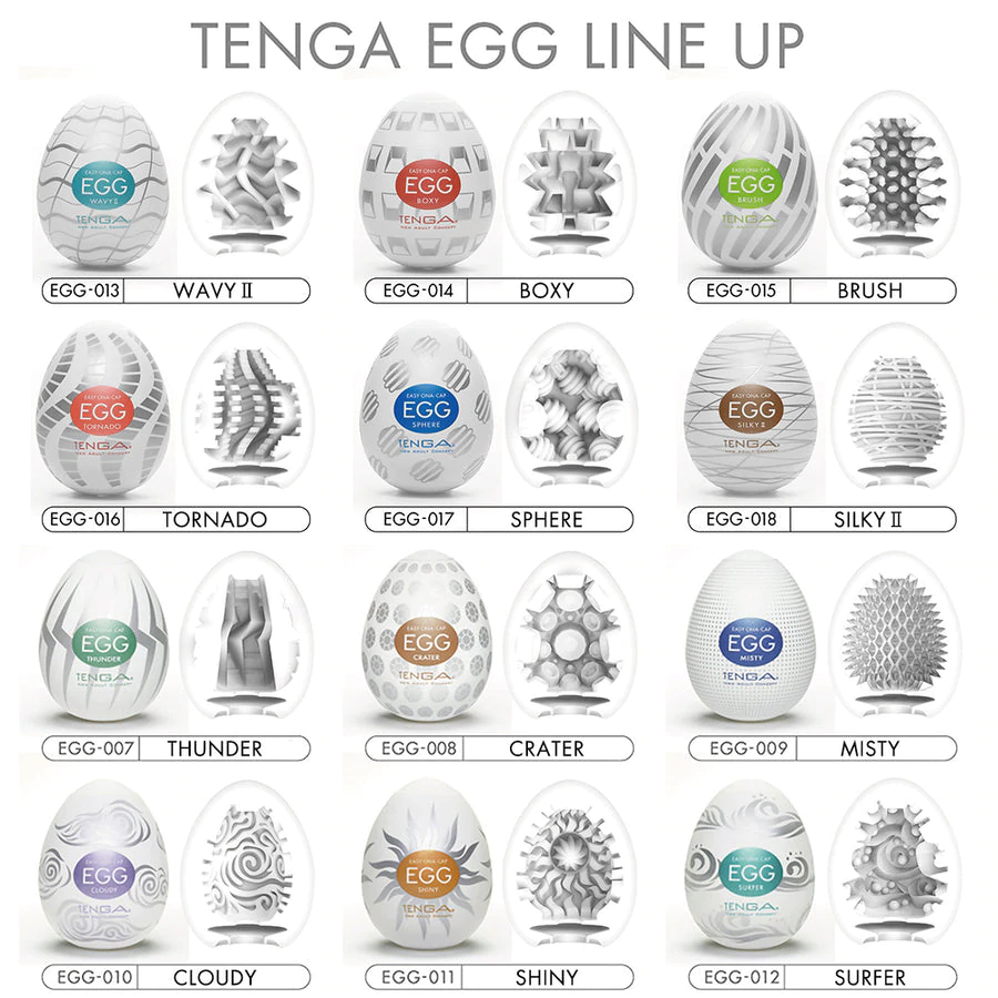 Tenga Egg Variety 6-Pack Disposable Masturbators with different textures.