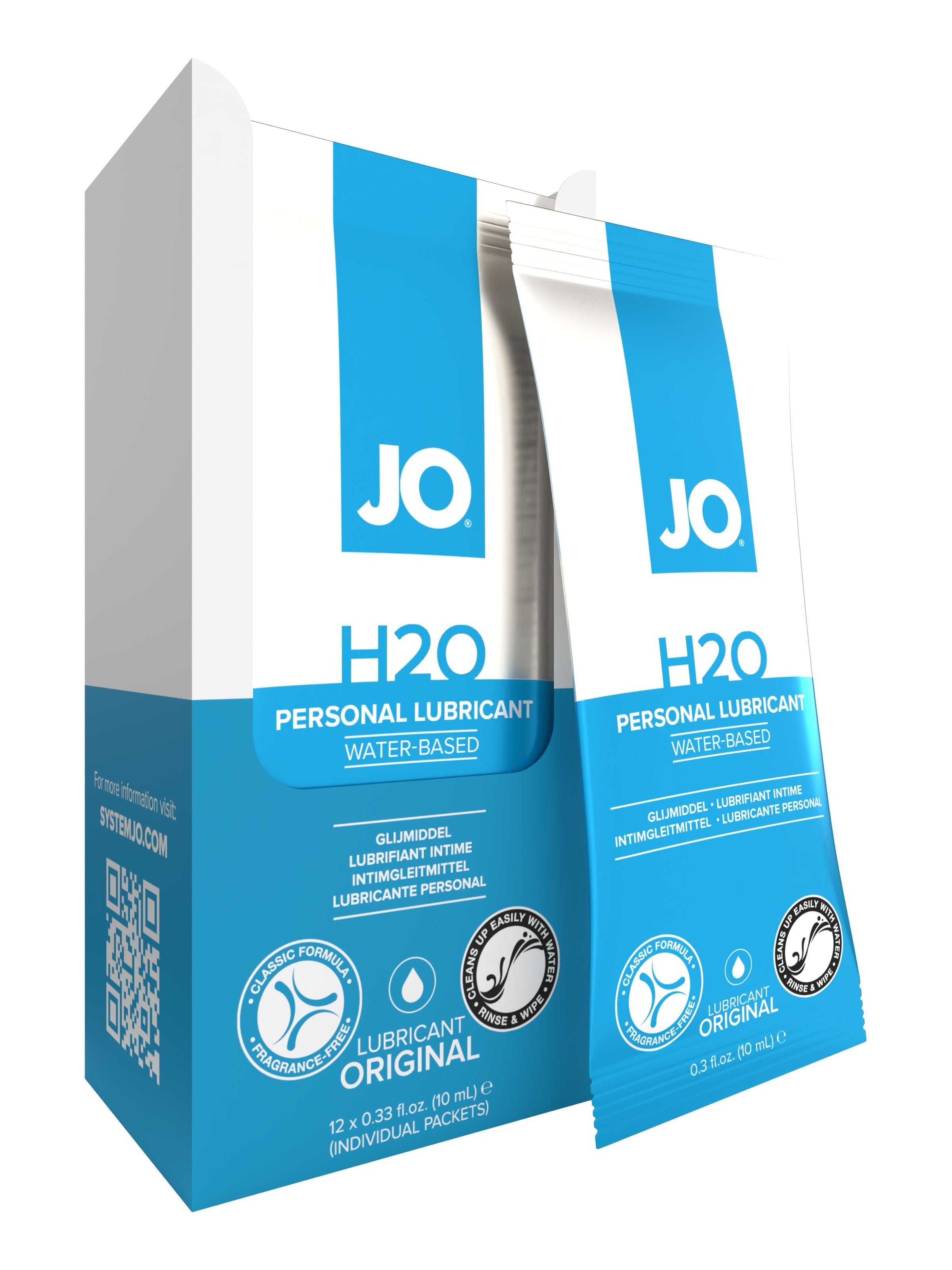 JO H2O water-based personal lubricant in individual packets.