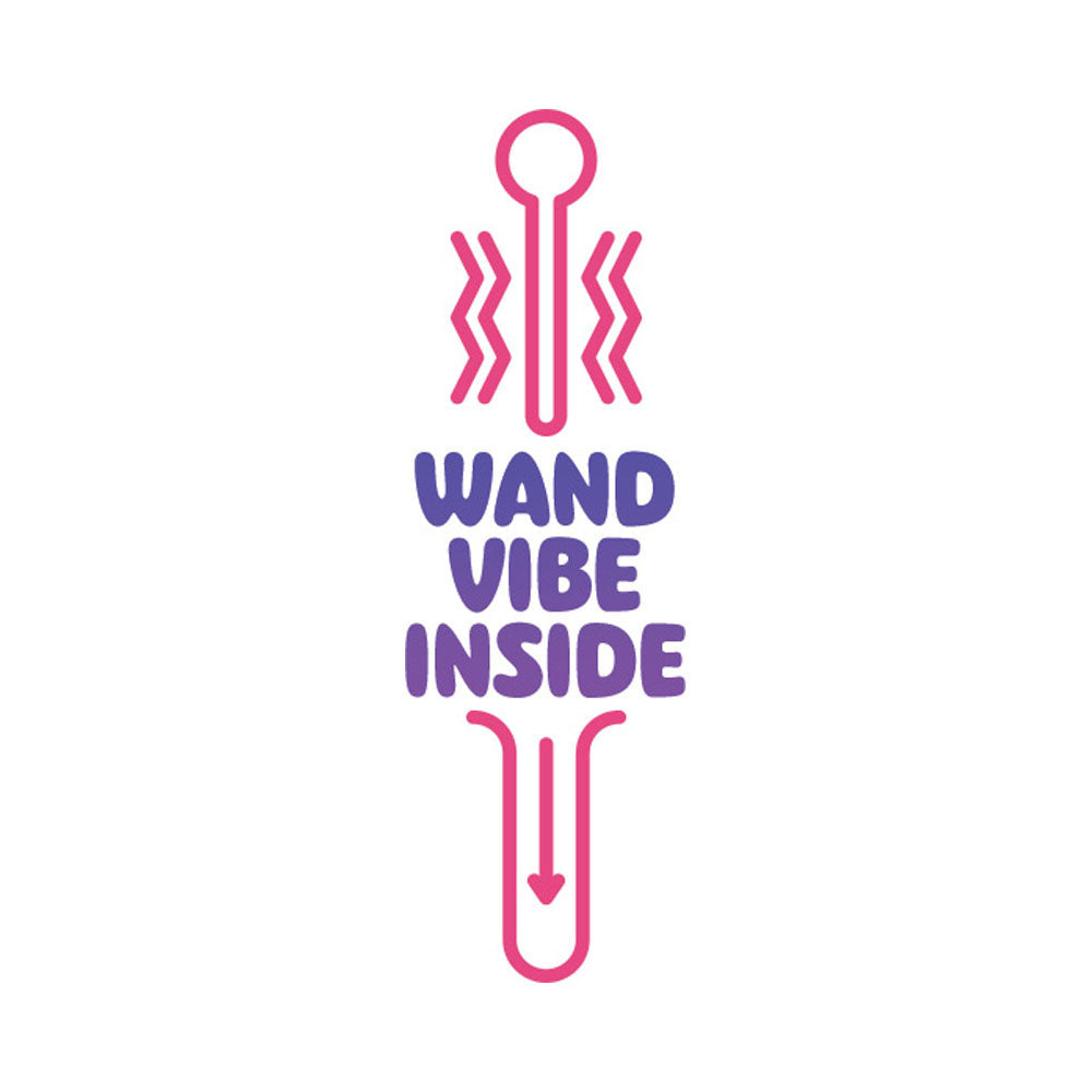 Pink and purple vibrator with text that says "WAND VIBE INSIDE".