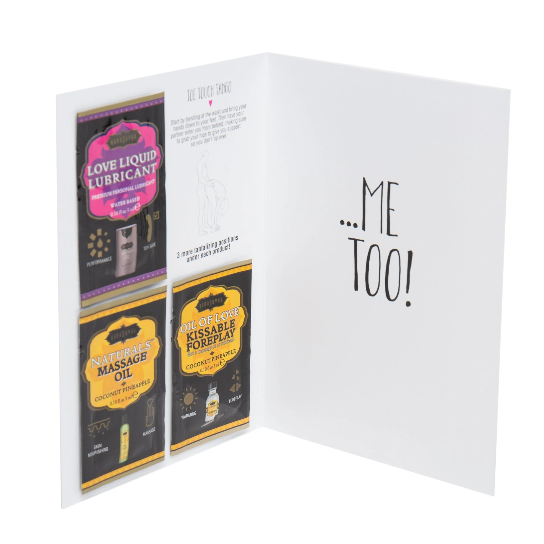 Kama Sutra Naughty Notes Foreplay Kit with lube and massage oil samples.