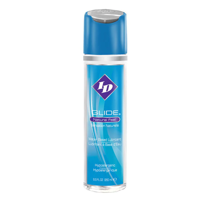 ID Glide water-based personal lubricant with a blue cap.