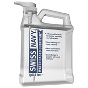 Swiss Navy water-based lubricant in a 1-gallon pump bottle.