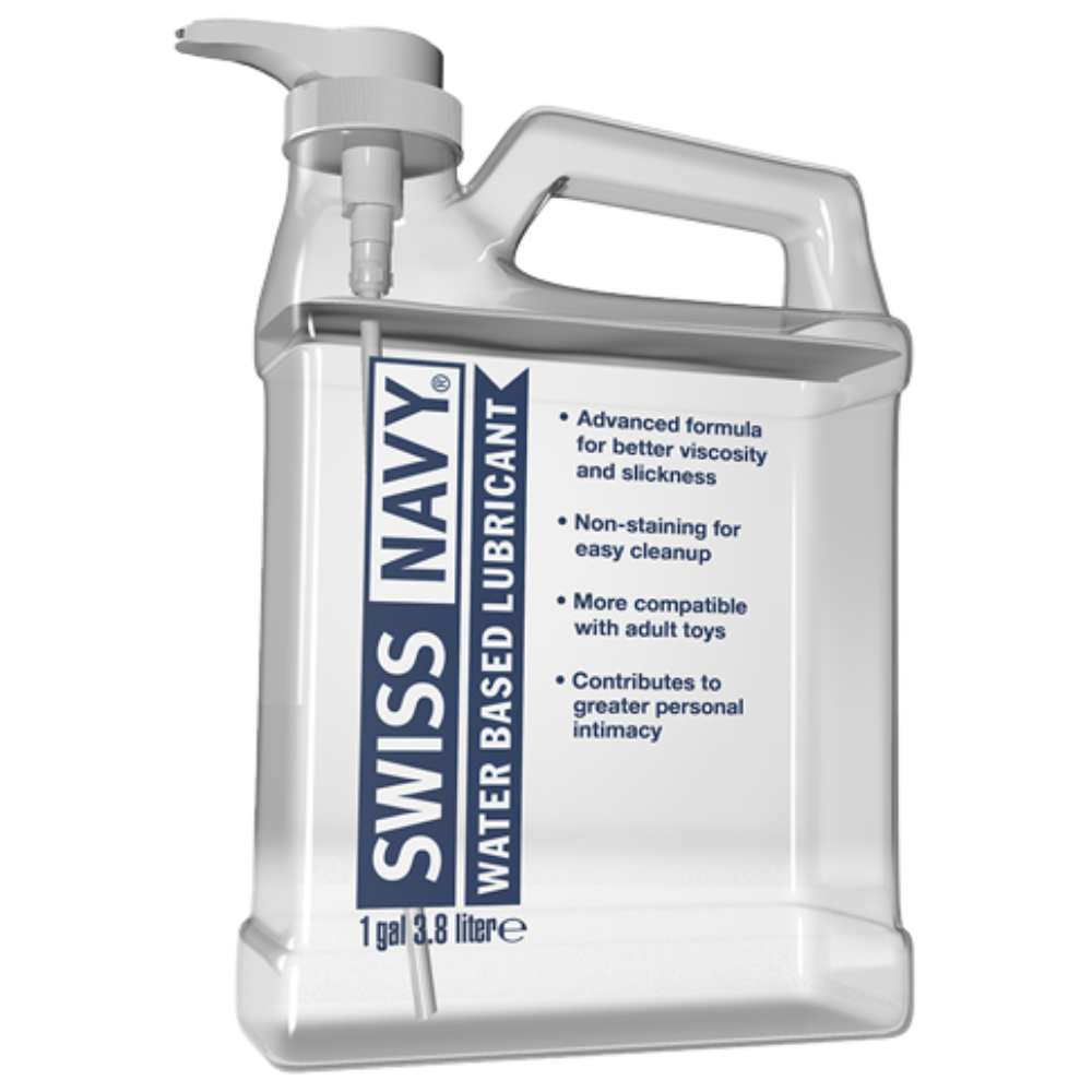 Swiss Navy water-based lubricant in a 1-gallon pump bottle.