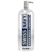 A large bottle of Swiss Navy water-based lubricant with a pump dispenser.
