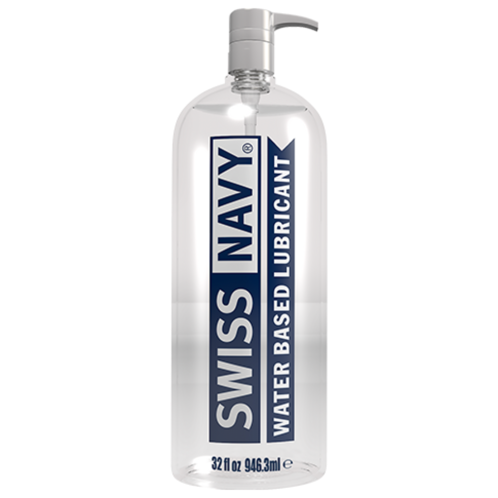 A large bottle of Swiss Navy water-based lubricant with a pump dispenser.