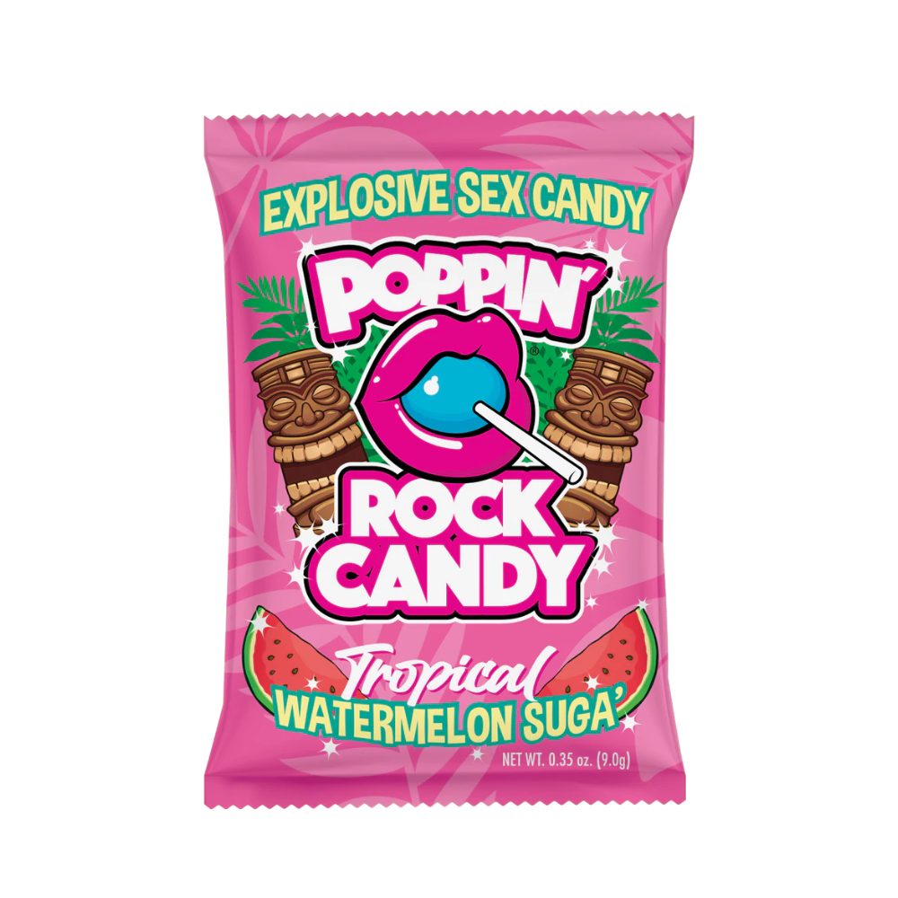 A pink wrapper for Poppin Rock Candy with tropical watermelon flavor.