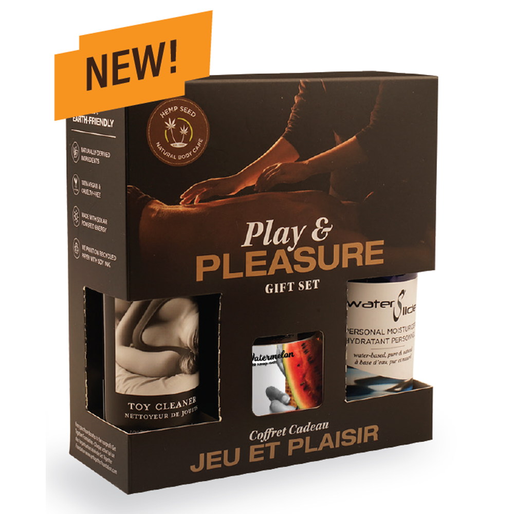 Play & Pleasure gift set with toy cleaner, watermelon lube, and massage candle.