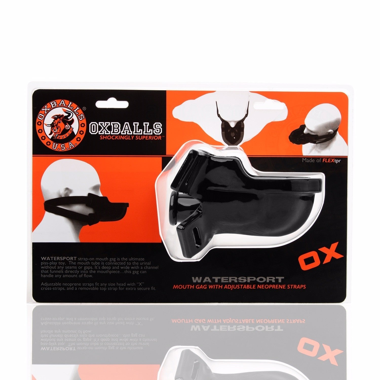 Black Oxballs watersport strap-on piss gag with adjustable straps.