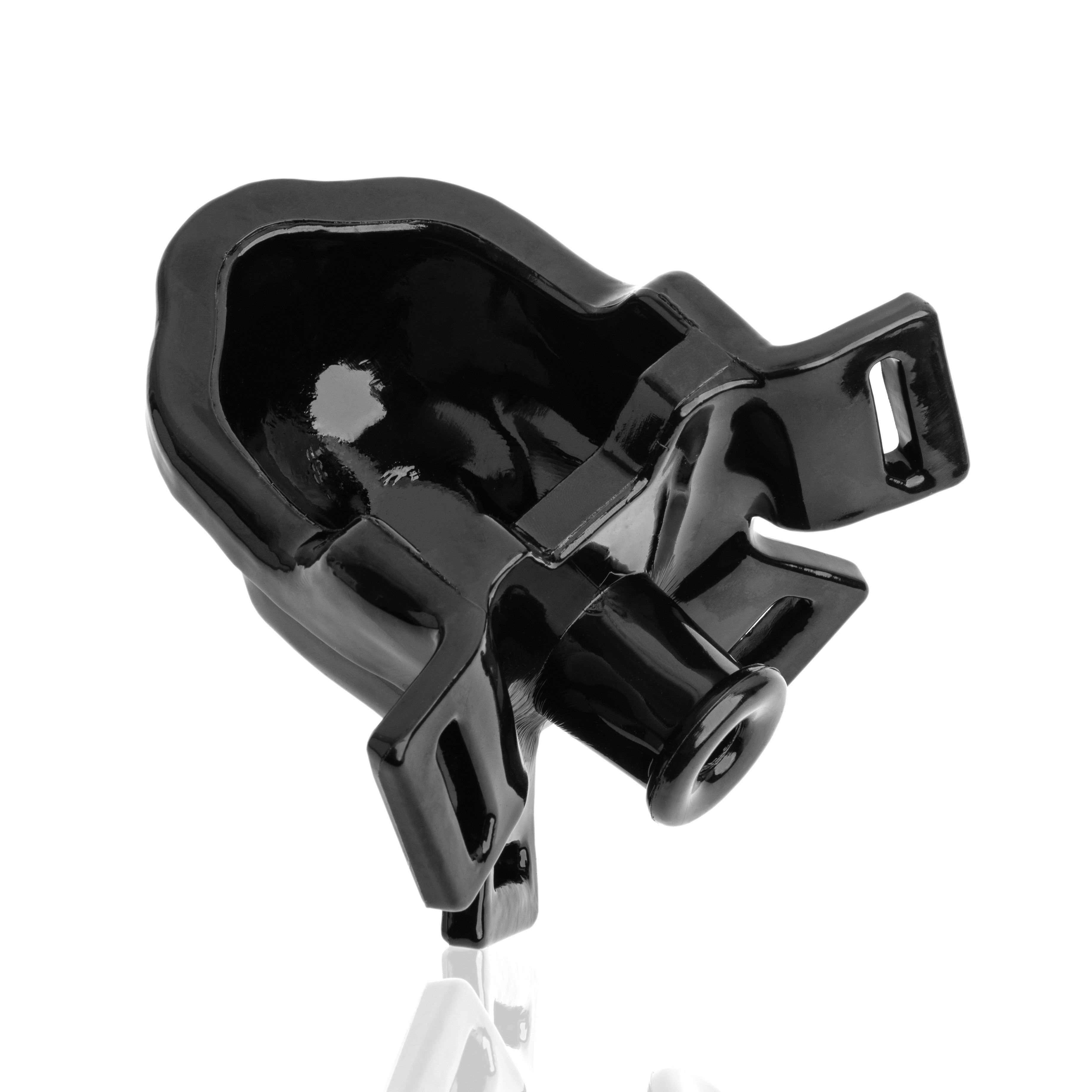 Black watersport strap-on piss gag with adjustable nylon straps.