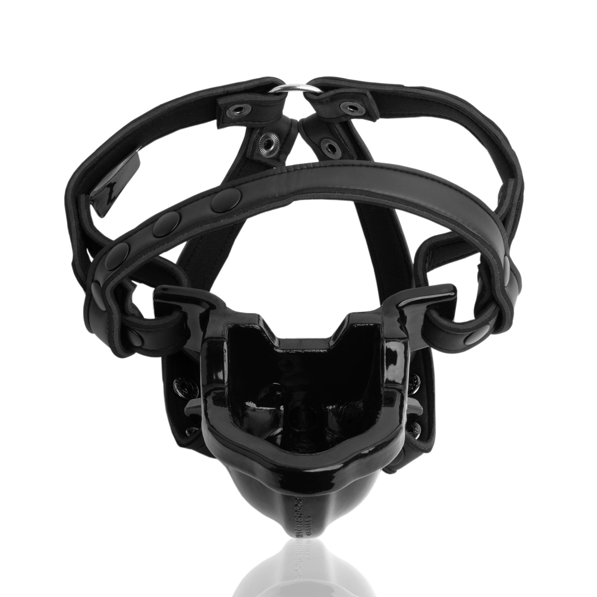 Black watersports strap-on piss gag with adjustable nylon straps.