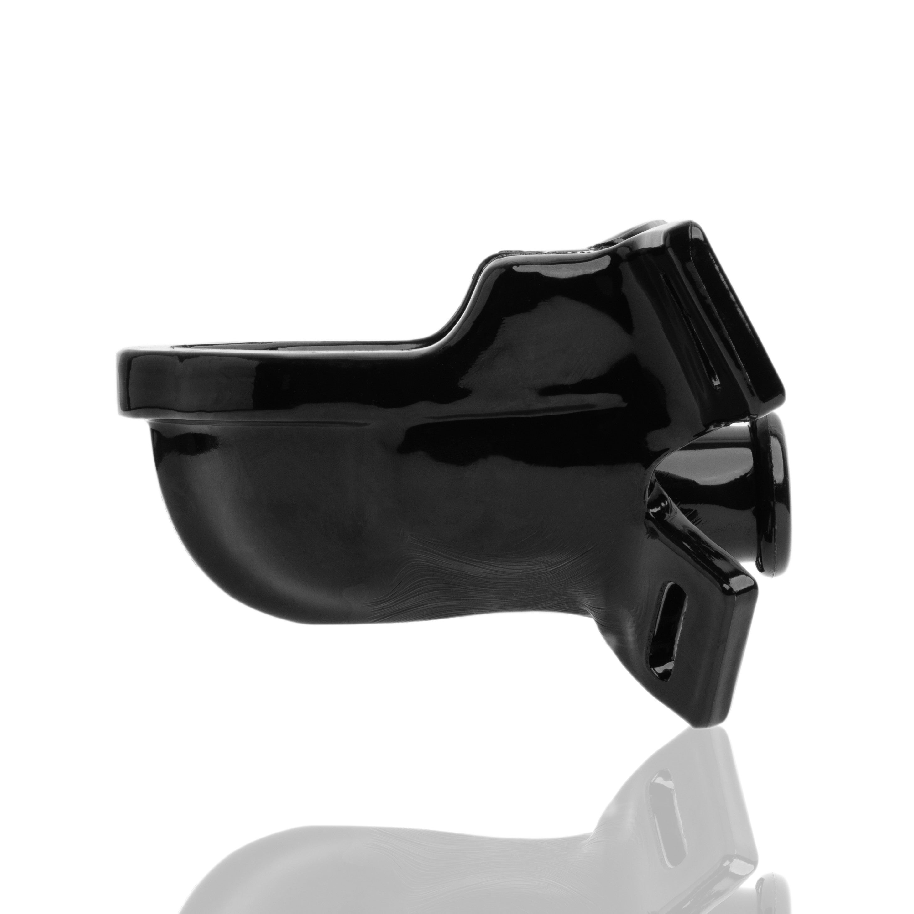 Black watersport strap-on piss gag with adjustable nylon straps.