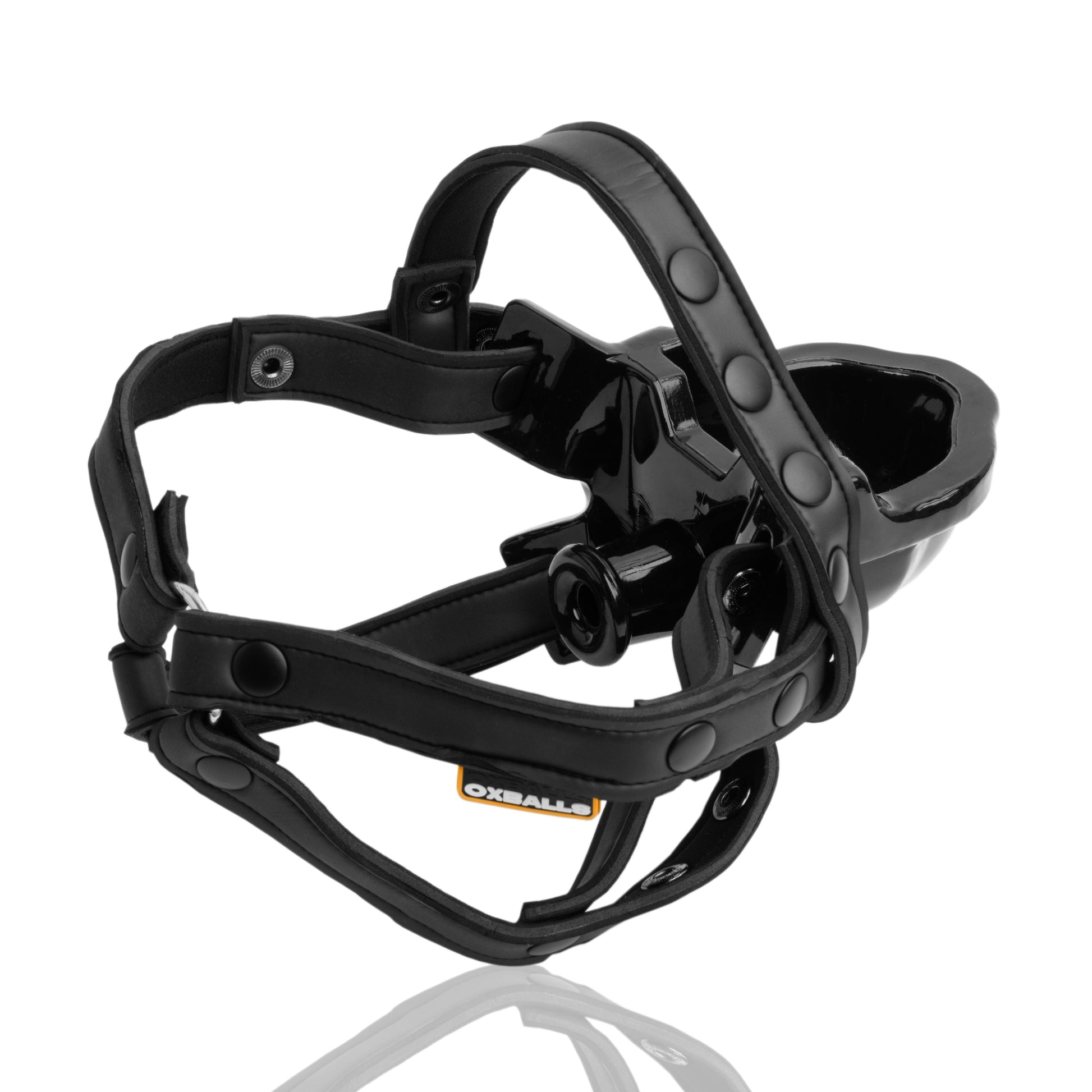 Black watersport strap-on piss gag with adjustable nylon straps.