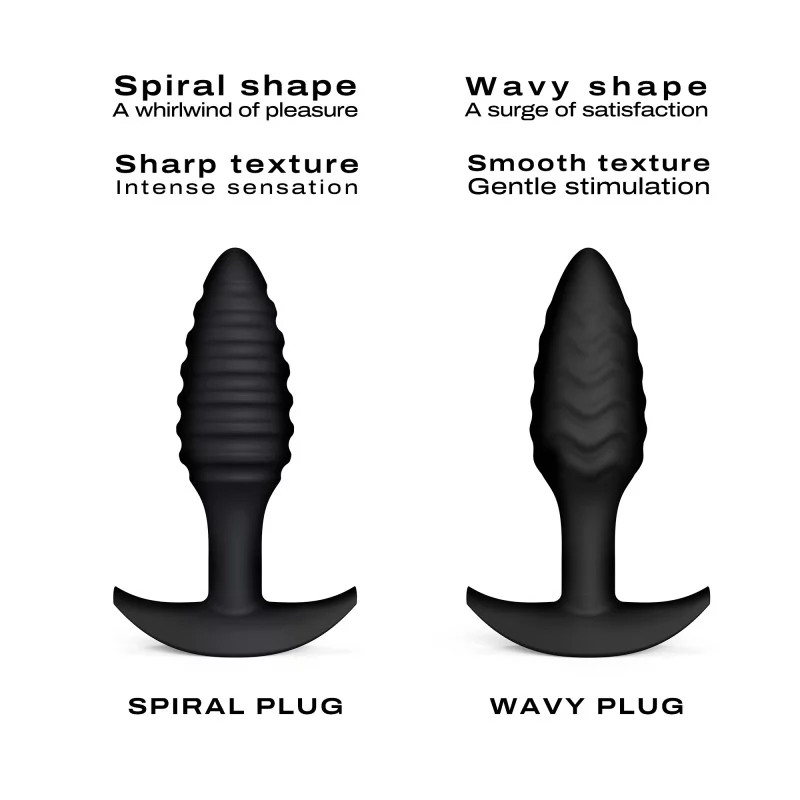 Two black silicone anal plugs, one with a spiral texture and one with a wavy texture.