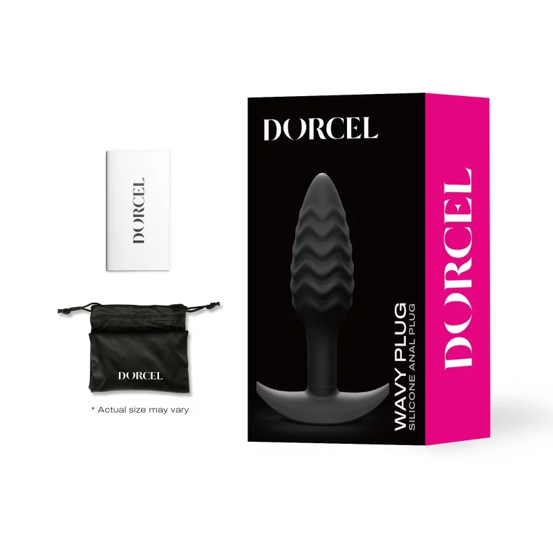 Dorcel wavy silicone anal plug with storage pouch and instructions.