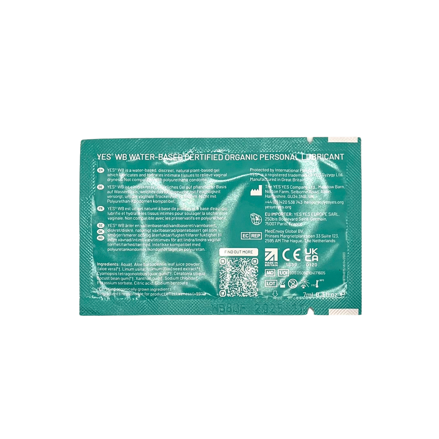 YES WB water-based personal lubricant 7ml sachet with ingredients and certifications.