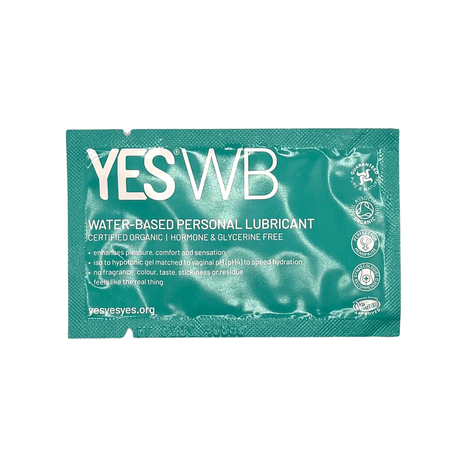 A sachet of YES WB water-based personal lubricant with organic certifications.