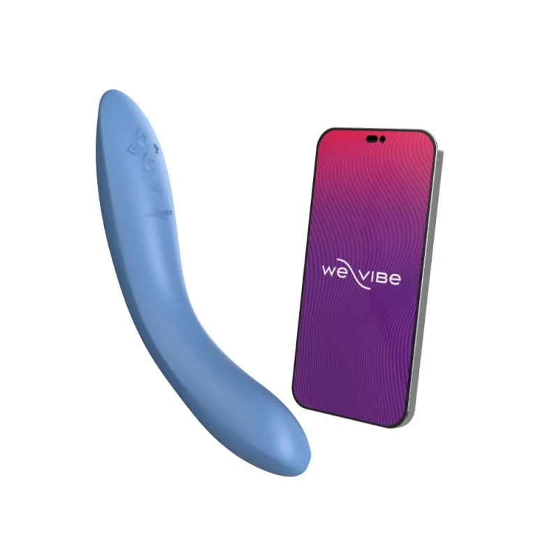 A blue curved vibrator and a smartphone with the We-Vibe logo.