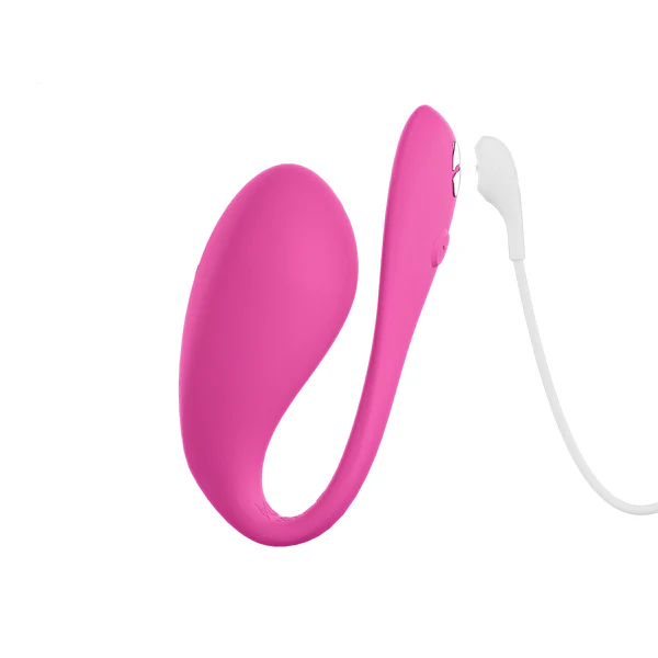 Electric pink Jive 2 app-controlled G-spot vibrator with a white charging cord.