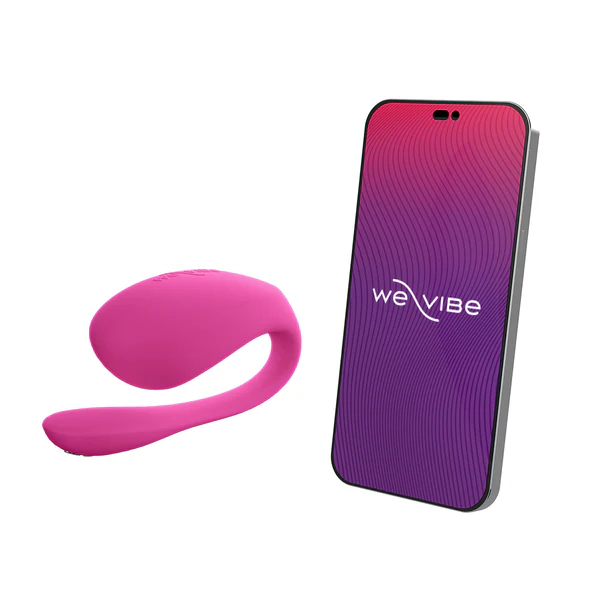 A pink Jive 2 vibrator next to a smartphone displaying the We-Vibe logo.