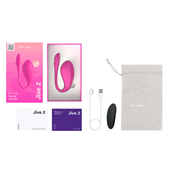We-Vibe Jive 2 app-controlled vibrator in electric pink with accessories.