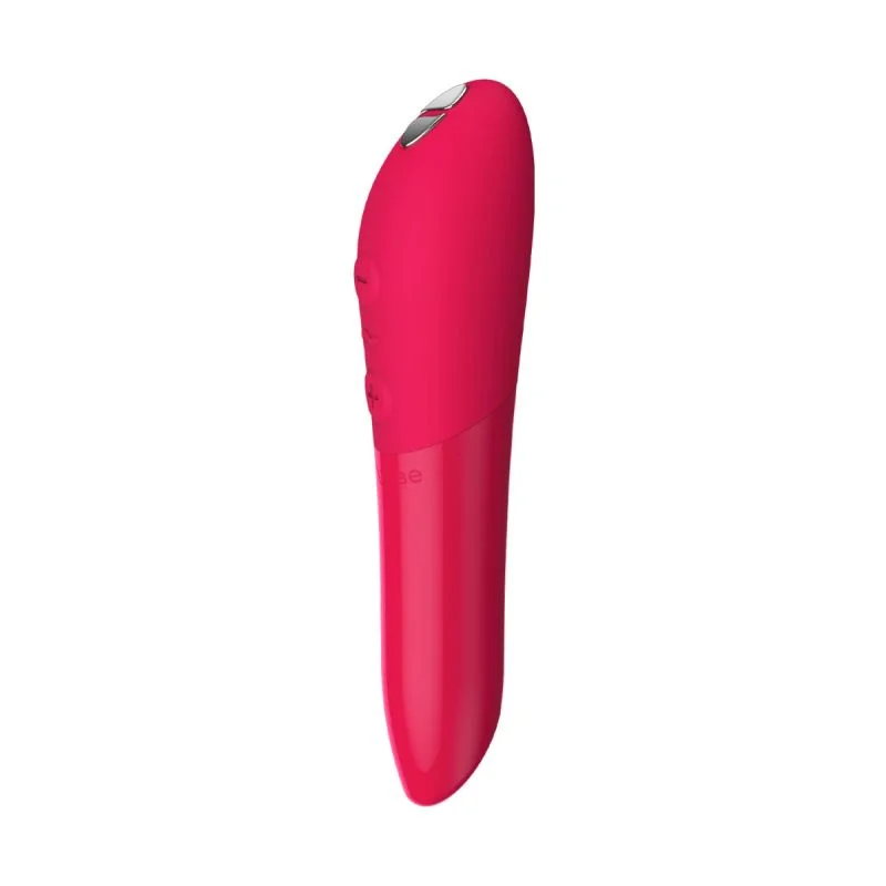 A cherry red vibrator with silver buttons on top.